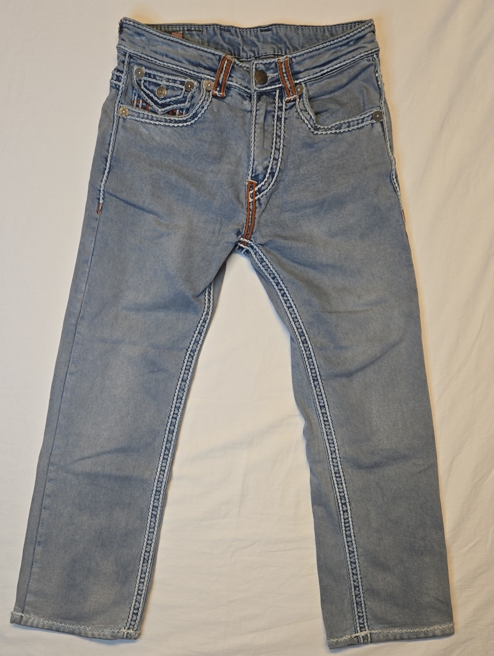 True Religion Light Blue Ricky Relaxed Straight Fit Chain Stitch Jeans Vintage